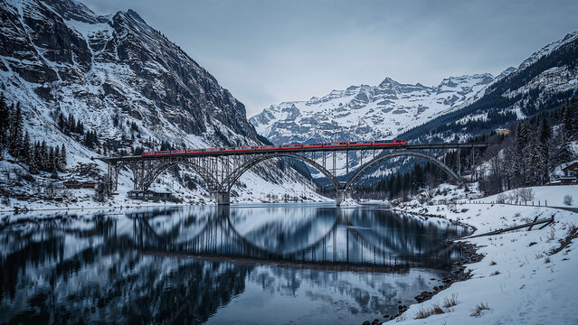 Majestic Bridge in Snowy Scenery_ A stunning shot of a train traversing an elegant arched bridge set against a backdrop of snow-capped mountains, all reflected in the calm waters below