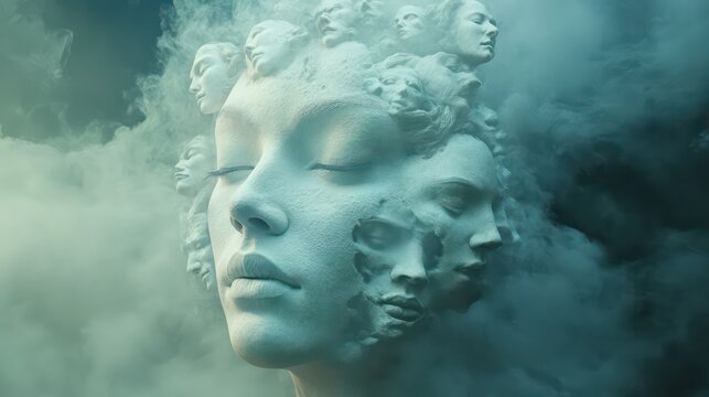 Serene Stone Face Emerging From Mystical Fog