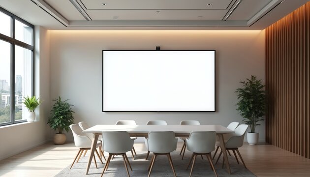 Modern conference room with blank screen mockup for presentation. White table and chairs. Office interior, workspace with large window, cityscape view, indoor. Clean modern design.