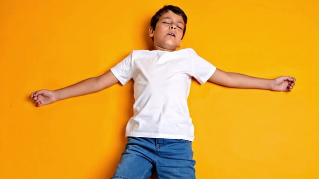 Tired boy lying down on orange background, kid exhaustion, child sleeping, napping, rest, childhood, youth
