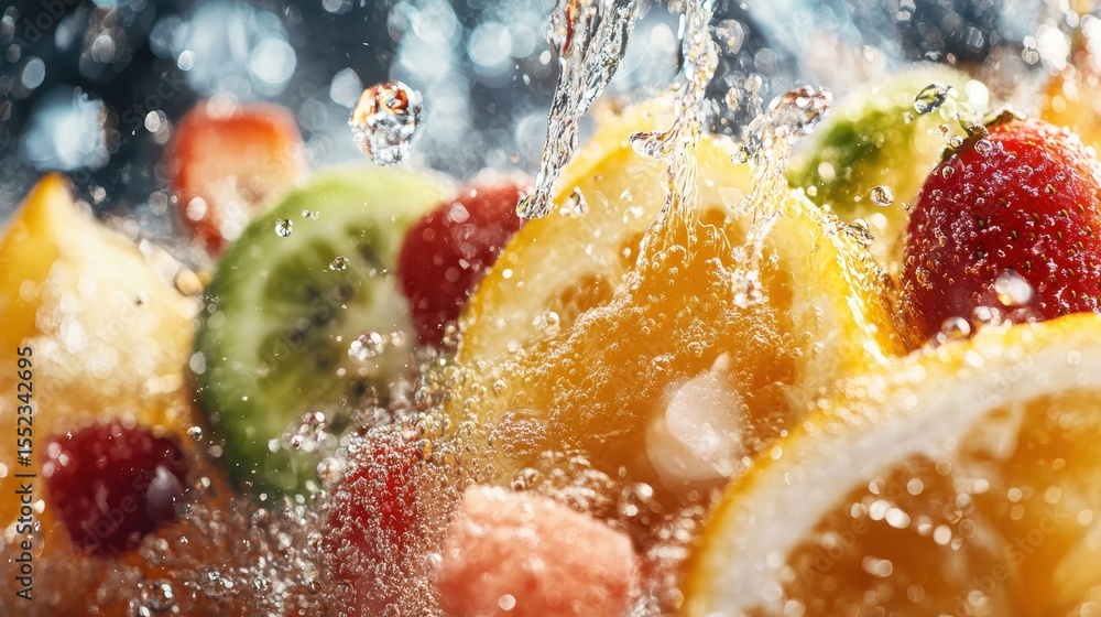 Poster fresh fruits burst into splashes, creating an energetic display of vibrant colors and refreshing ele