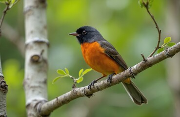 Fototapeta premium Common redstart bird perched on tree branch. Male songbird with vibrant orange plumage black head sits in natural habitat. Wildlife, birding, ornithology. Springtime, migration season.