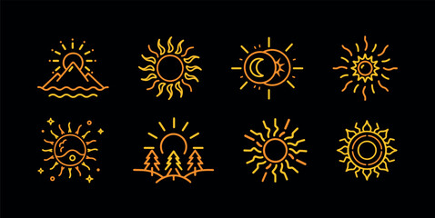 Sun Icon Line Art Set with Celestial, Nature, and Abstract Elements on Black Background