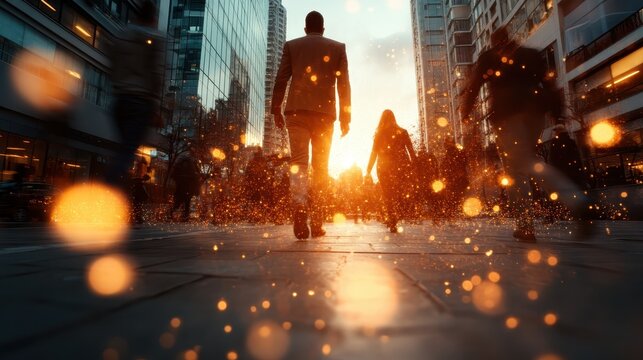 A solitary figure walks towards a stunning sunset in an urban setting, surrounded by blurred movement and magical light particles, signifying hope and new beginnings.
