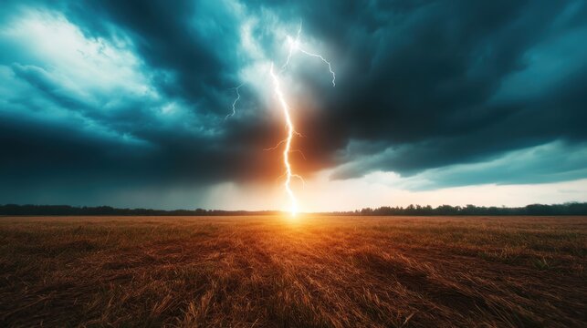 A powerful lightning bolt strikes dramatically across a stormy sky, illuminating the dark clouds over a barren field, evoking feelings of awe and natural intensity.
