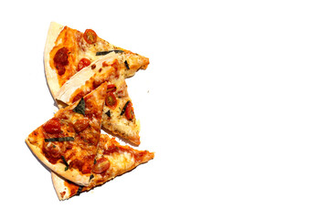 Slices of pizza on white background.