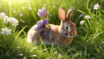 Obraz premium Rabbit sitting in green grass among flowers in a peaceful outdoor natural setting with soft light and calm atmosphere