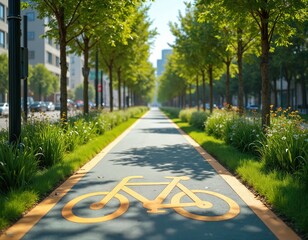 Obraz premium Bike path in urban environment with green trees promoting sustainable transport. Cycling lane in city with plants, trees. Modern eco-friendly infrastructure for recreation, healthy lifestyle, nature,