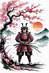 Obraz premium A color illustration in the style of Japanese painting depicting a samurai with a katana standing near a sakura tree, behind which mountains and sunset are visible. Vector graphics. EPS.