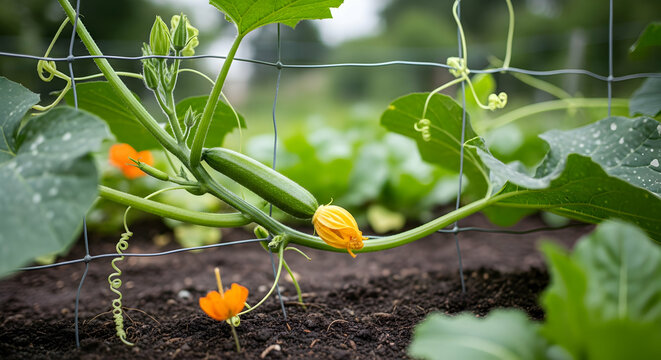 Zucchini Plant Growing With Yellow Flower In A Community Garden Setting - Powered by Adobe