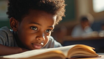 Young African American boy focused on reading a book in classroom. Child studies with interest. Boy face close-up shows studying process. Education and childhood concept. Focus on learning.