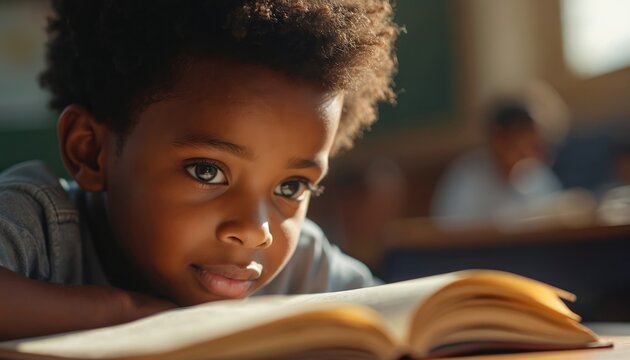 Young African American boy focused on reading a book in classroom. Child studies with interest. Boy face close-up shows studying process. Education and childhood concept. Focus on learning.