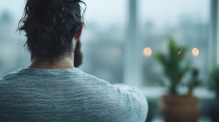 A man sits pensively in front of a window, lost in thought, gazing out at the blurred cityscape, creating an atmosphere of introspection and emotional depth in a serene setting.