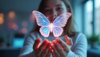 Young girl holds holographic butterfly, symbol of technology, dreams. Glowing digital art with futuristic design, sparks imagination, fantasy, creative innovation. Beautiful illustration, colorful
