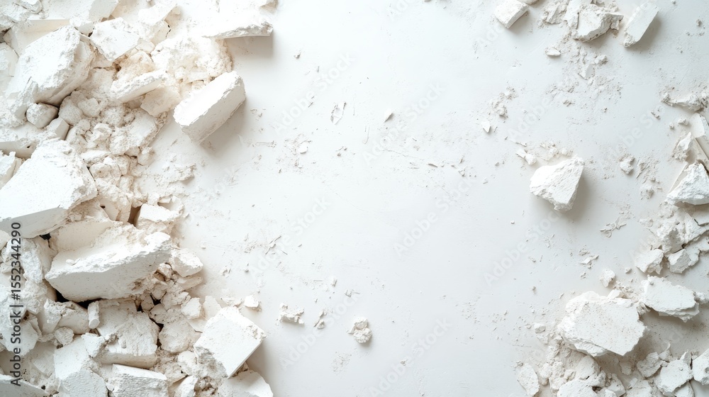 Poster a close-up view of shattered white plaster pieces scattered on a smooth surface, creating an interes