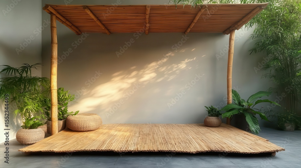 Poster a beautifully designed bamboo structure adorned with lush greenery, creating a serene and inviting a