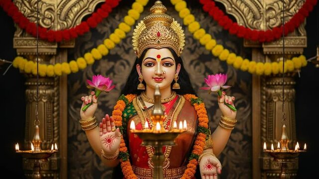 Hindu Goddess Lakshmi Statue with Festive Garland