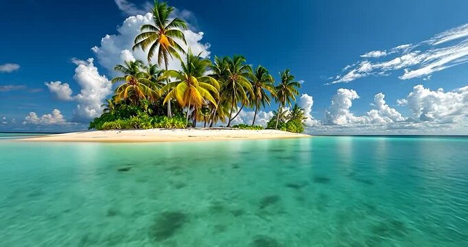 Tropical island with lush green vegetation and palm trees surrounded by clear turquoise water under a bright blue sky with puffy clouds. The split-level shows both above and underwater views