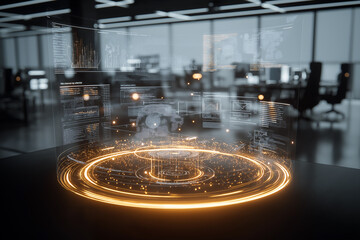 Futuristic holographic interface with glowing digital data projections in high-tech office, innovation concept, advanced technology, virtual analytics, futuristic dashboard for digital workspaces