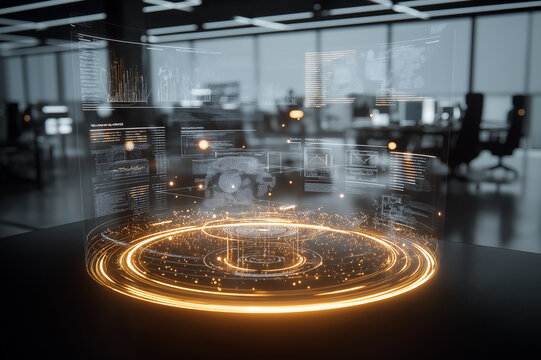 Futuristic holographic interface with glowing digital data projections in high-tech office, innovation concept, advanced technology, virtual analytics, futuristic dashboard for digital workspaces