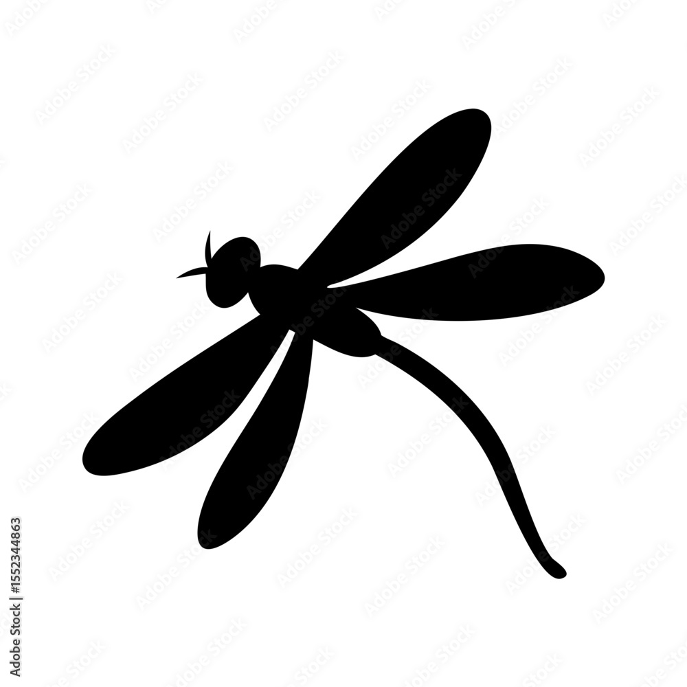 Poster a simple graphic of a black silhouette of a dragonfly with wings spread on a white background design