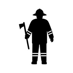 Silhouette of a firefighter with an axe in hand wearing protective gear and a helmet standing tall