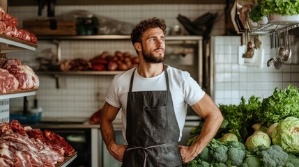 A well-organized butcher shop showcasing an array of fresh meats and vibrant vegetables, with a focus on quality ingredients and the art of traditional food preparation and service.