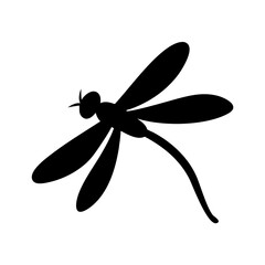 A simple graphic of a black silhouette of a dragonfly with wings spread on a white background design element