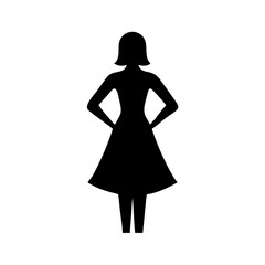 Silhouette of a woman in a dress with hands on hips stands confidently in a simple graphic form