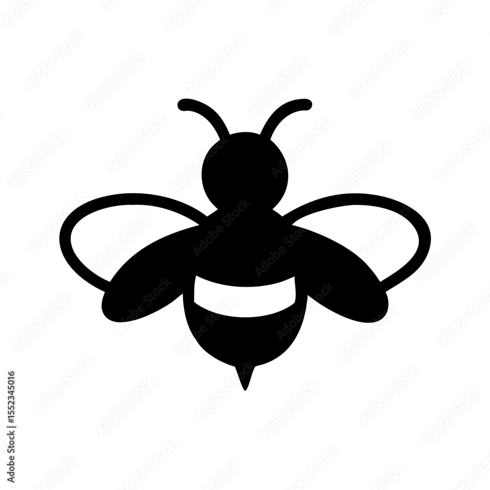 Poster a simple graphic of a black flying insect with wings and antennae on a white background design eleme