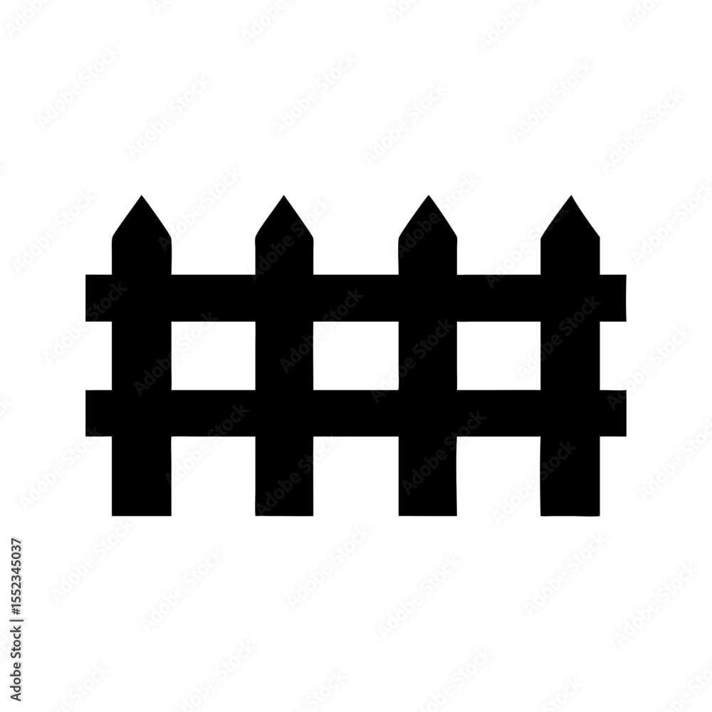 Poster a simple graphic of a black picket barrier with pointed tops and horizontal rails displayed plainly