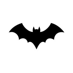 Silhouette graphic depicting a bat with spread wings isolated against a white plain background