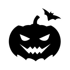Silhouette of a carved gourd with a scary face and a bat flying above it at nighttime scene