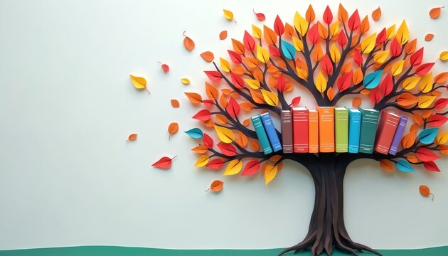 International Literacy Day concept. Tree with colorful books like leaves. Education, knowledge, information, learning concept. Library, reading, culture, awareness, community. Symbolic of knowledge, - Powered by Adobe