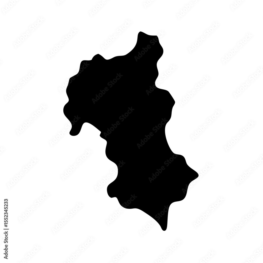 Poster isolated black shape with irregular edges resembling a geographical landform on plain white backgrou