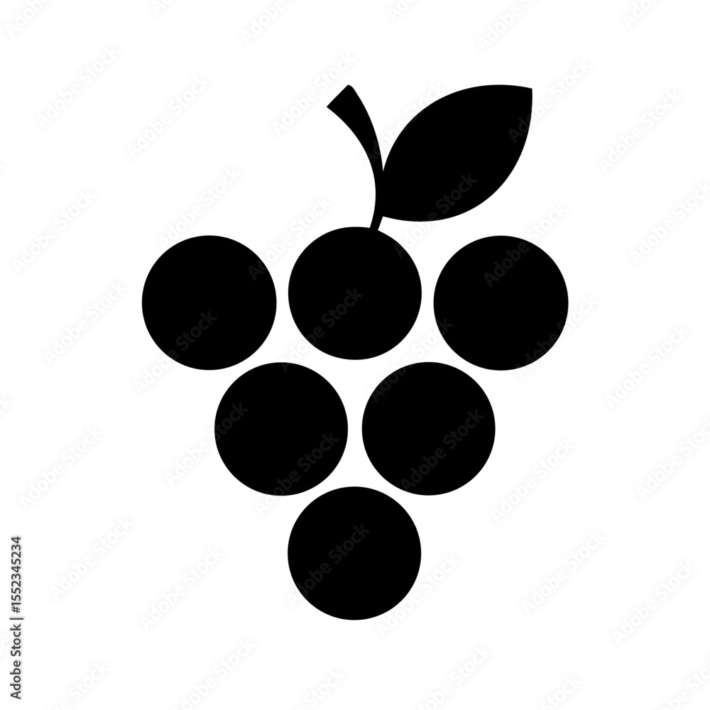 Poster a simple graphic showing a bunch of grapes with a leaf in solid black on a white background design
