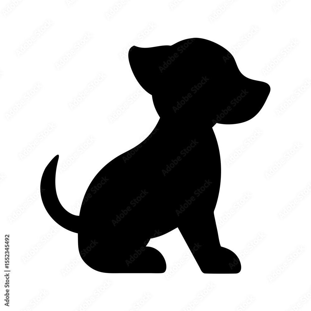 Poster silhouette of a small puppy sitting with its tail curled up on a white background design element