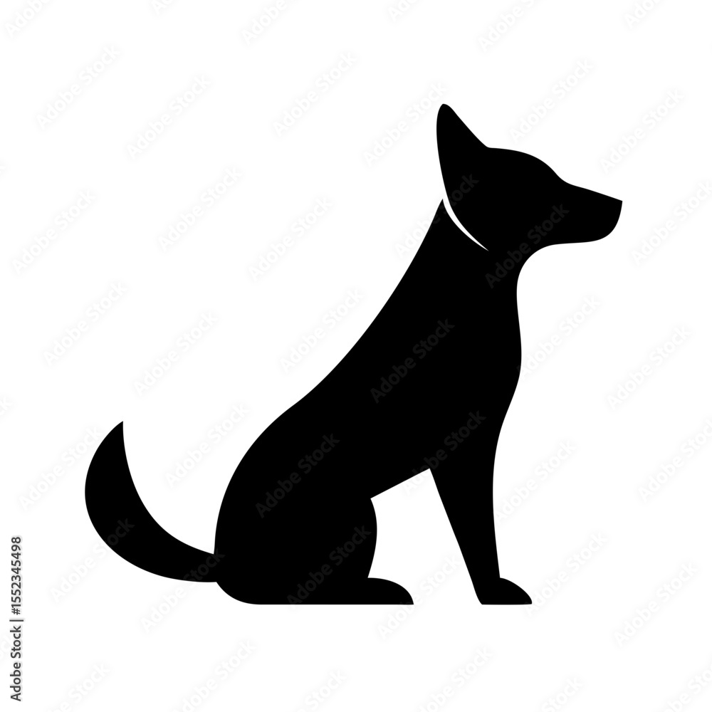 Poster silhouette of a sitting canine with pointed ears and curled tail on a white background design image
