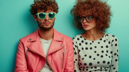 A fashionable couple poses against a bright turquoise wall, showcasing their unique styles with vibrant clothing and accessories, embodying modern aesthetics and confidence.