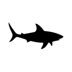 A dark sea predator with a dorsal fin swimming in the ocean water shown in a simple graphic style
