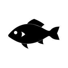 Simple graphic of a black aquatic animal with fins and tail on a white background design element