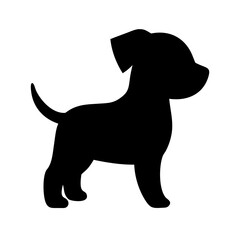 Silhouette of a puppy standing with its tail curled and one ear flopped down, on a white background