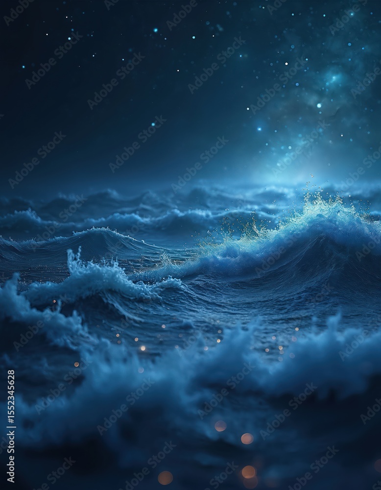 Aufkleber celestial ocean scene with twinkling starlight. flowing energy waves create a dreamscape of wonder m