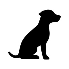 A simple graphic of a dog sitting in profile with a solid black fill on a white background image here