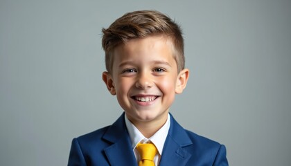 Young boy wears blue suit yellow tie smiles at camera. Happy child dressed in formal wear for portrait. Studio shot shows confidence success. Smiling boy, future leader.