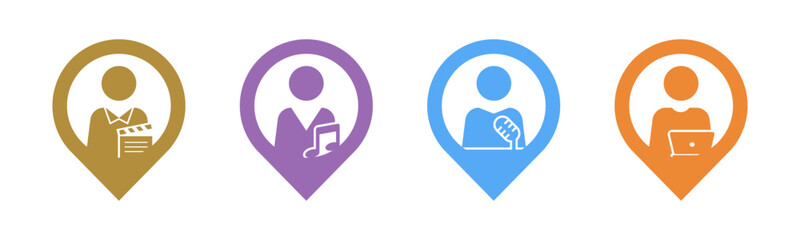 Actor, Musician, Presenter, Content Creator with pin location icon set illustration vector.