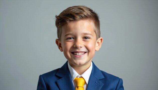 Young boy wears blue suit yellow tie smiles at camera. Happy child dressed in formal wear for portrait. Studio shot shows confidence success. Smiling boy, future leader.
