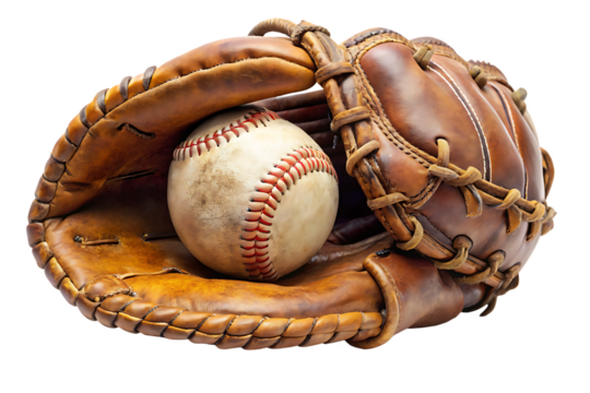 Vintage baseball glove cradling a worn baseball with red stitching isolated on a transparent background