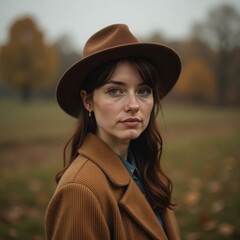 A beautiful girl in an autumn park, smiling in close-up, wearing a hat.