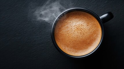 An inviting image of a steaming cup of coffee placed elegantly on a dark surface, evoking a sense of warmth, comfort, and the simple pleasures of life.